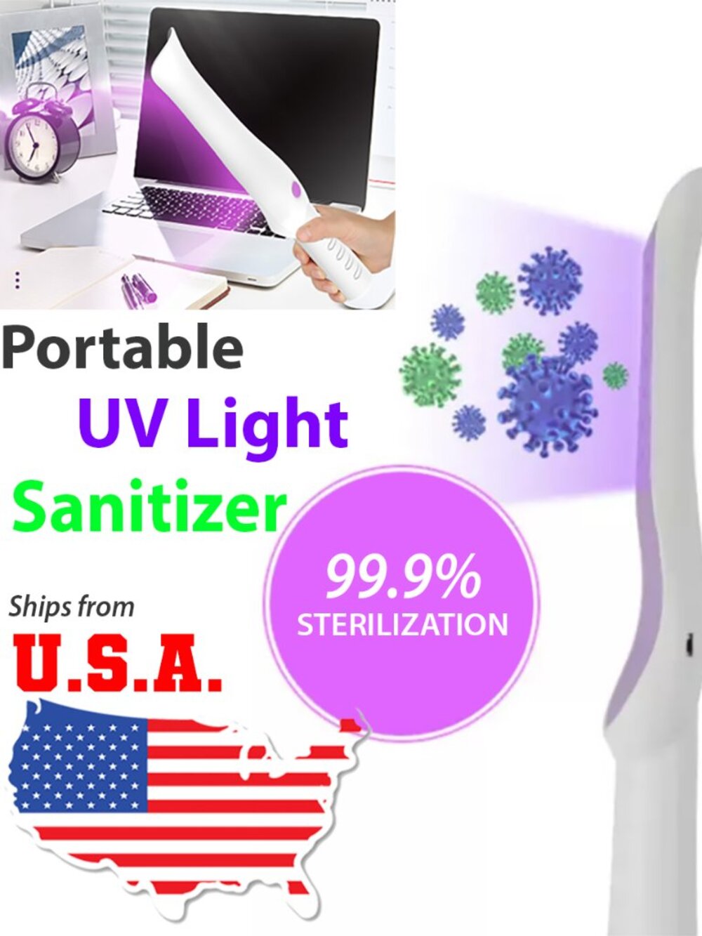 SET OF 2 Sanitation Portable Wand Rechargeable Light Lamp Germ Protection